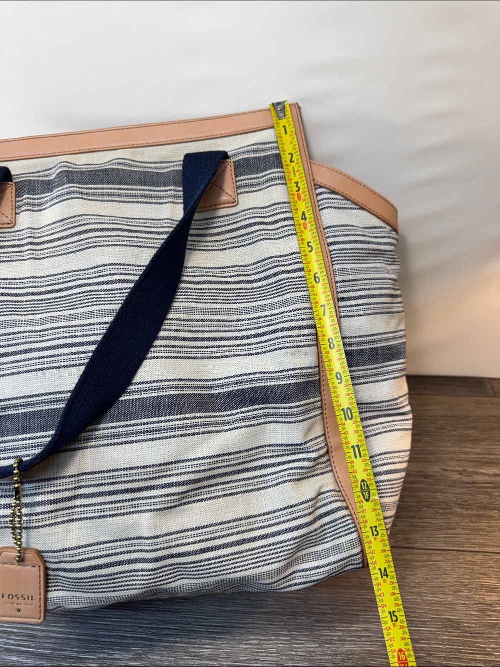 Fossil Striped Canvas Tote with Tan Trim and Navy Handles - Picture 7 of 7